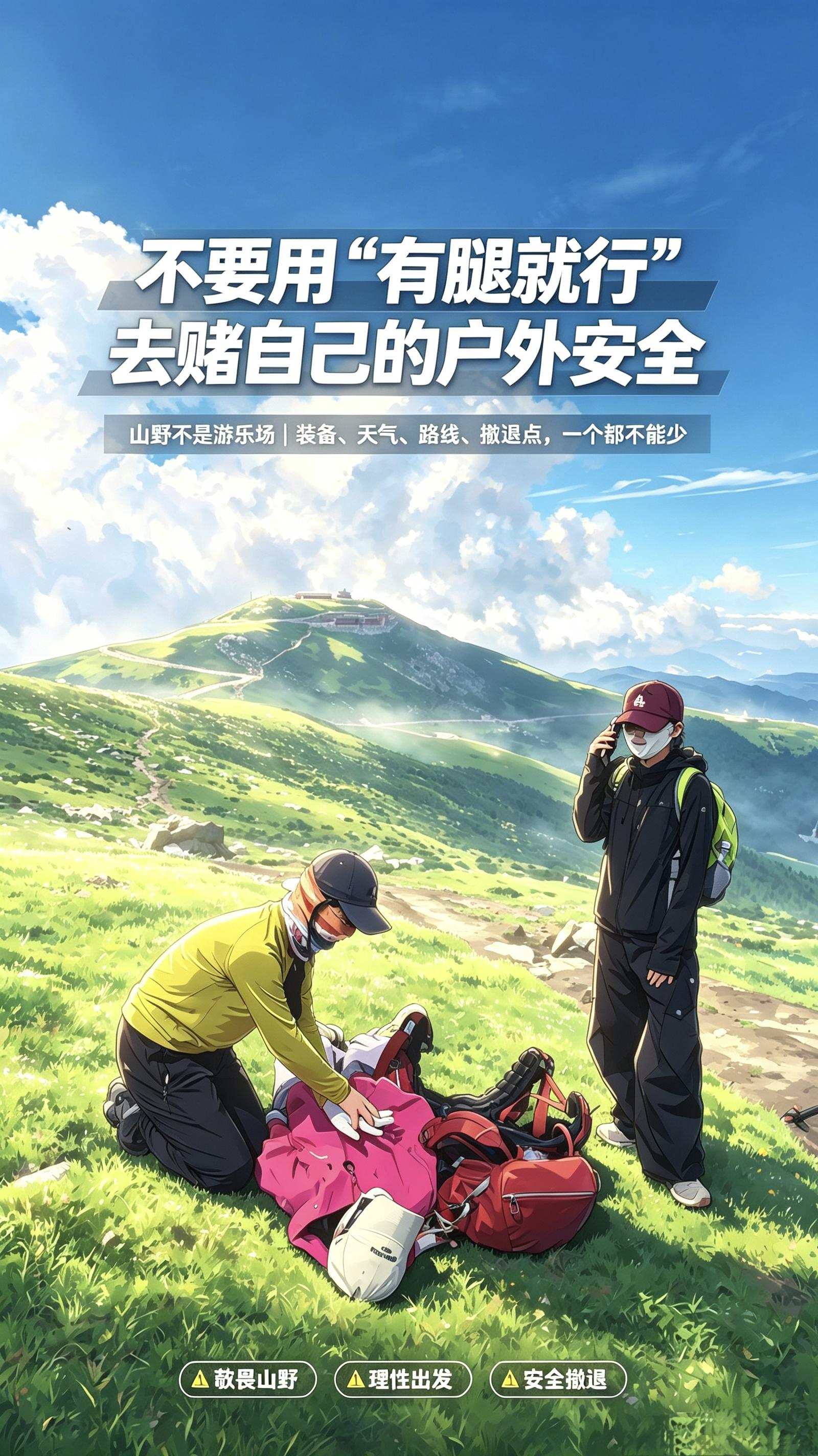不要用网上“有腿就行”的言论，去堵在赌自己在山里的户外安全。图为摆拍...