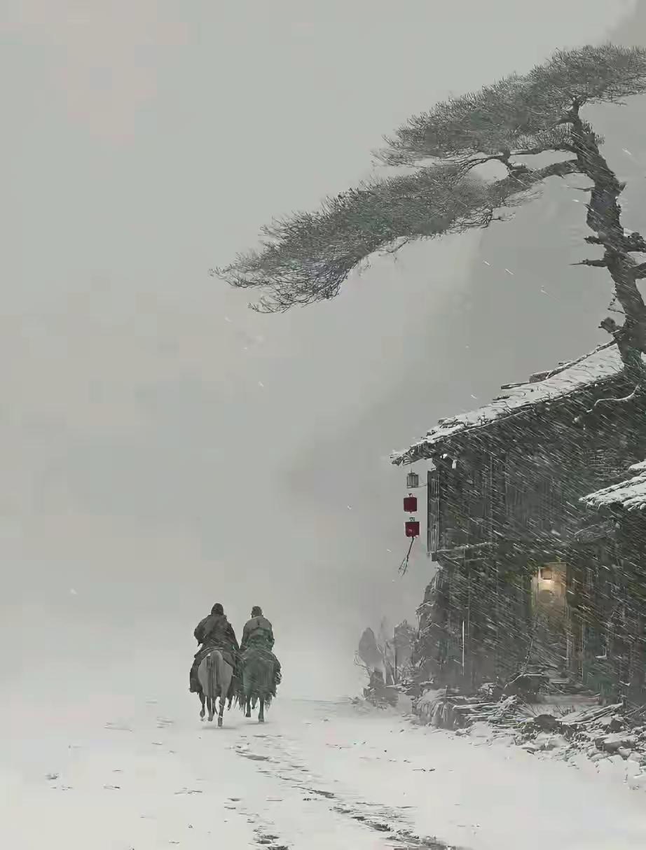 这幅画太有意境了！大风雪天，一个雪夜，两人两骑，全副武装，并肩前行，迎客松旁，摇