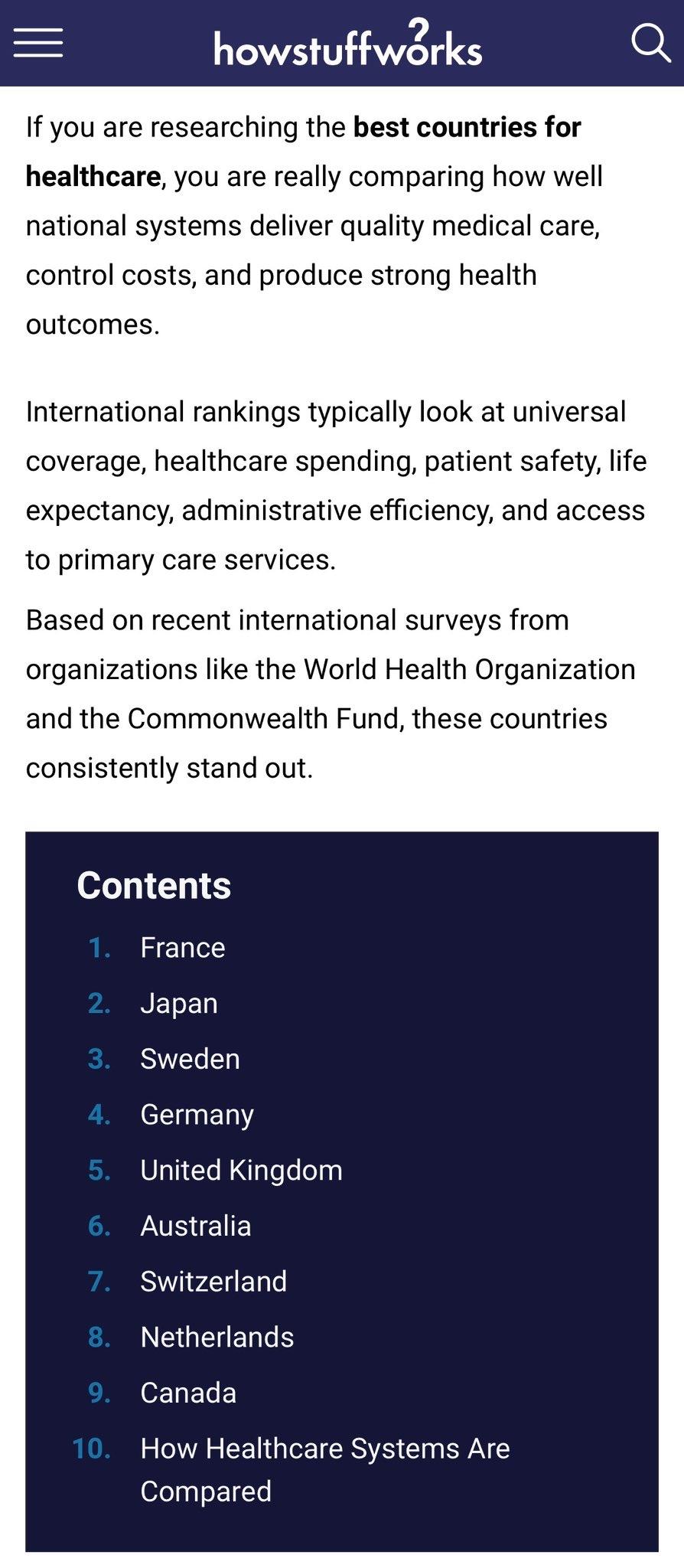 世界公认医疗保健系统最好的国家：1. 法国 2. 日本 3. 瑞典 4. 德国 