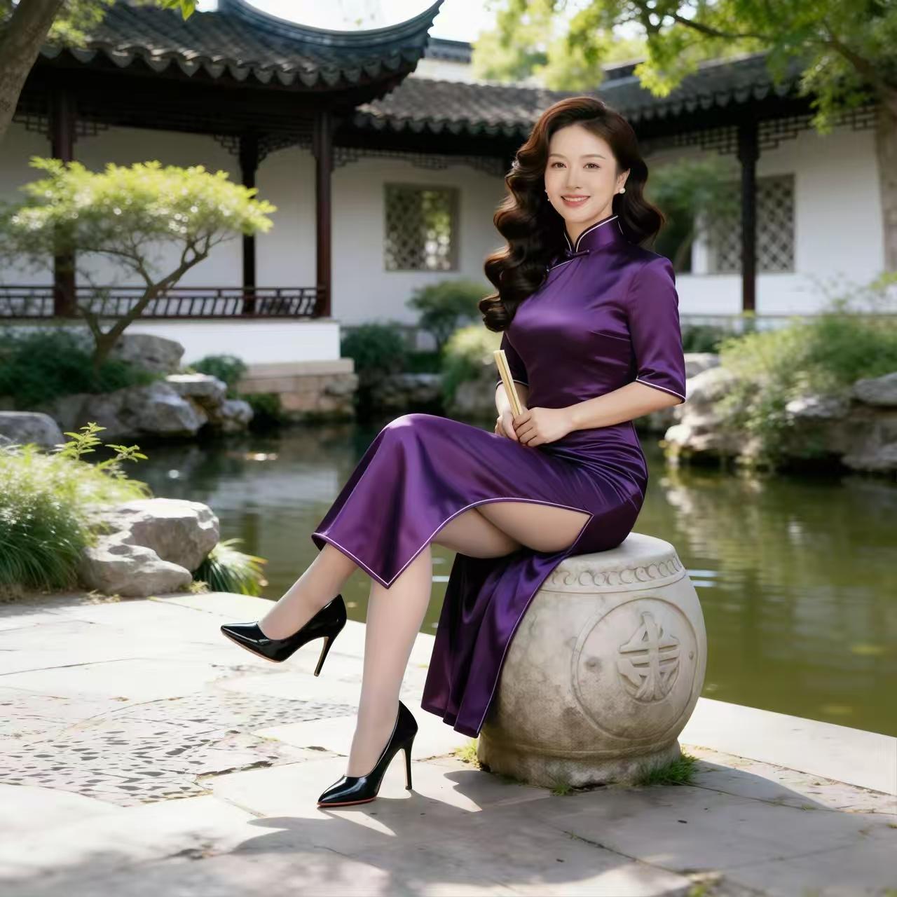 塞鸿秋·园林紫影
园林深处池塘畔，
紫衫倩影如梦幻。
石边静坐执纨扇，
眸光温婉