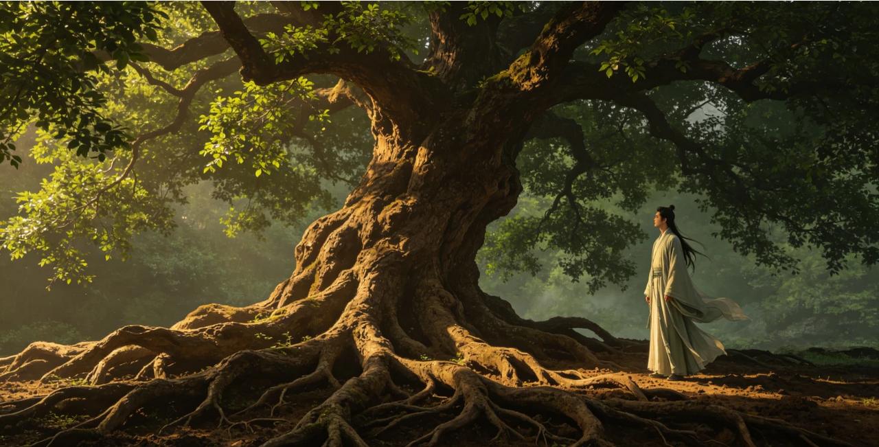 人活一世，根扎越深，行得越稳
 
画里的古树苍劲有力，盘根错节的根系深深扎入泥土