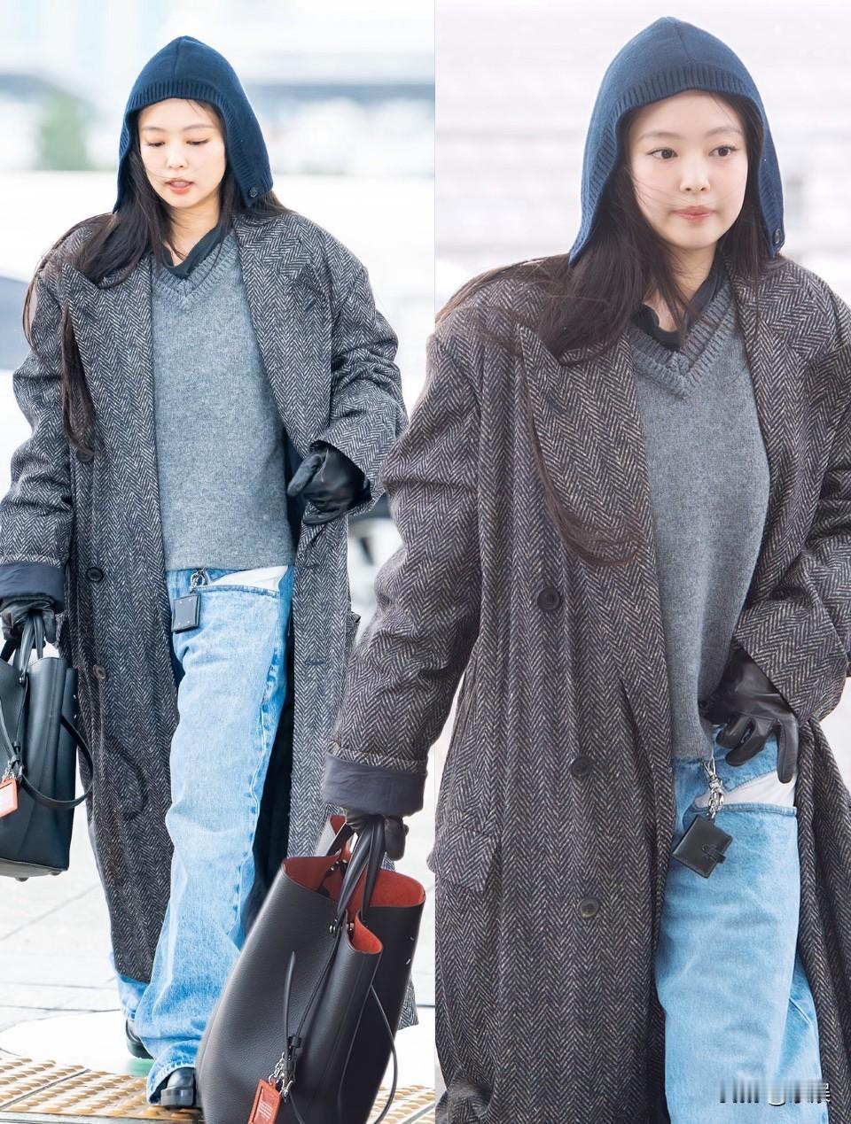 Jennie今日机场出发，可爱小妮 

她没多高但是穿这么大这么长的大衣居然完全