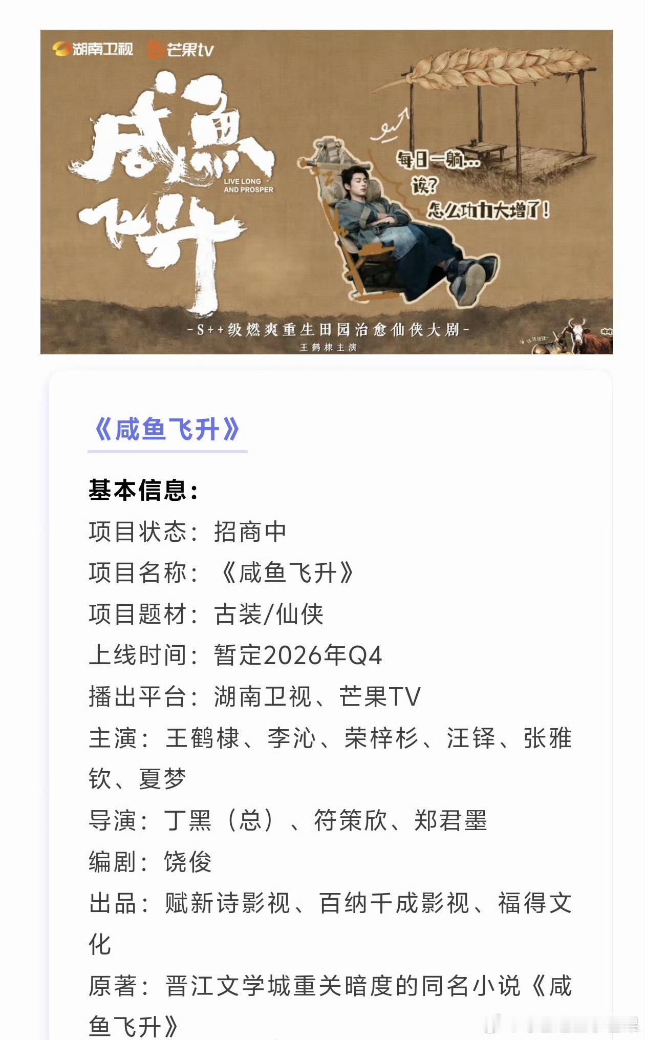 王鹤棣《咸鱼飞升》播前招商，暂定10月底播出项目题材：古装/仙侠导演：丁黑（总）