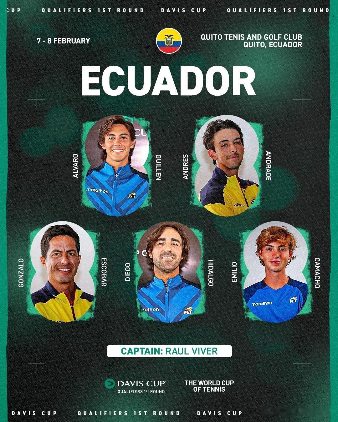 2026戴维斯杯 资格赛首轮对阵：🇪🇨厄瓜多尔：纪廉-梅萨、安德拉德、埃斯科