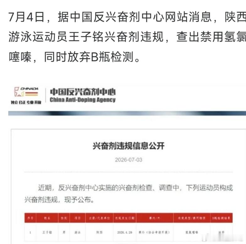 王子铭教练罗男被警告 王子铭检出的氢氯噻嗪是S5类利尿剂/掩蔽剂，作用是增加排尿