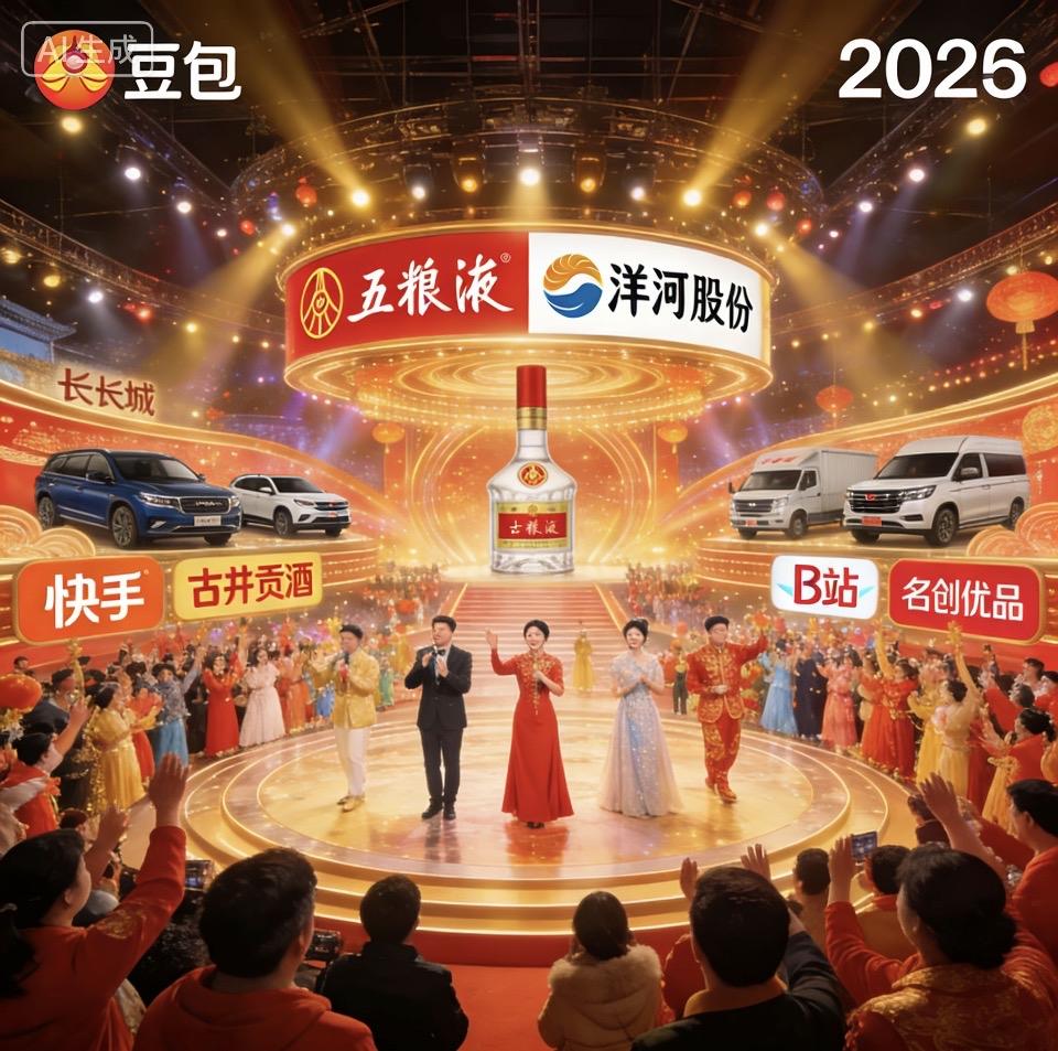 金碧辉煌的春晚舞台，五粮液、古井贡酒等品牌闪耀登场。豆包邀你参与互动抽奖，在新春