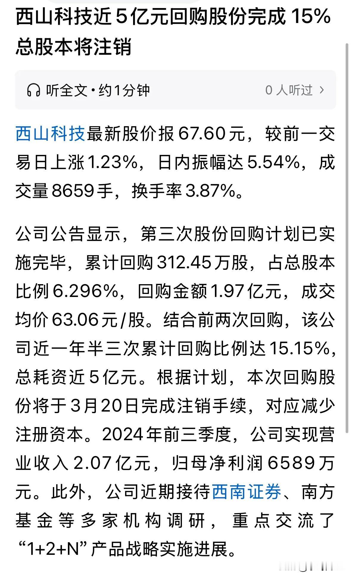 厉害呀，想不到A股有这么一个公司，累计注销公司15.15%的公司股份，科创板西山