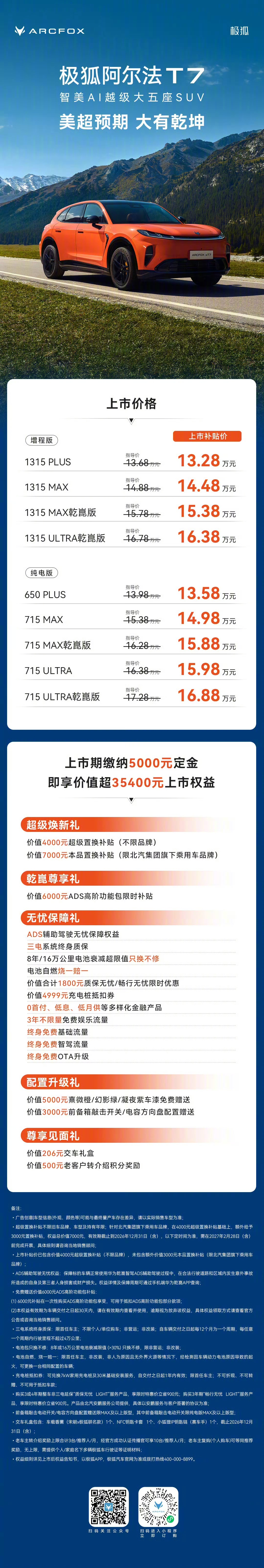 首搭华为乾崑ADS 5 Pro+全系宁德电池，极狐阿尔法T7上市补贴价13.28