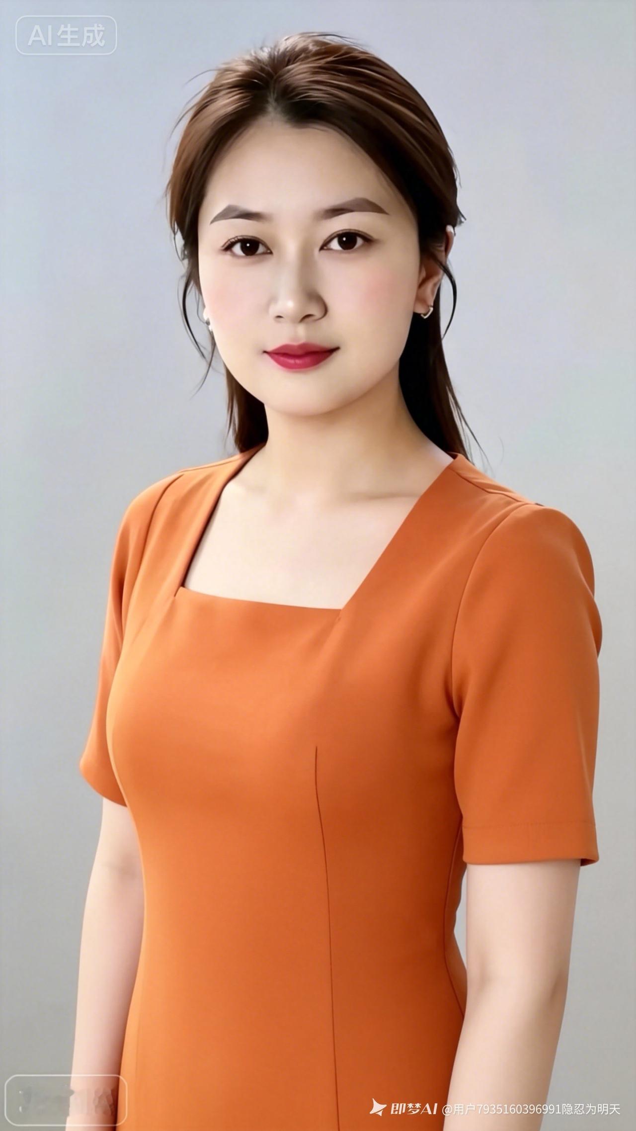 这位女士穿着橙色连衣裙，微笑着拍照。我三十二岁，通过平台寻求有缘人。