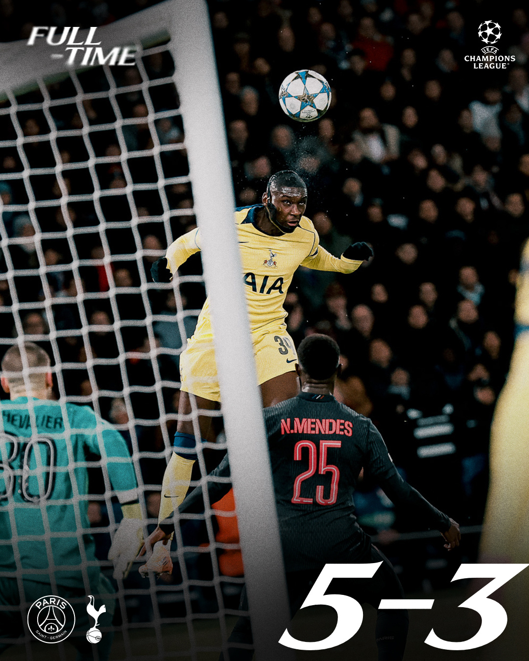 全场比赛结束，热刺两度领先两度被扳平，最后白送大巴黎三个进球…以5-3的比分抱憾