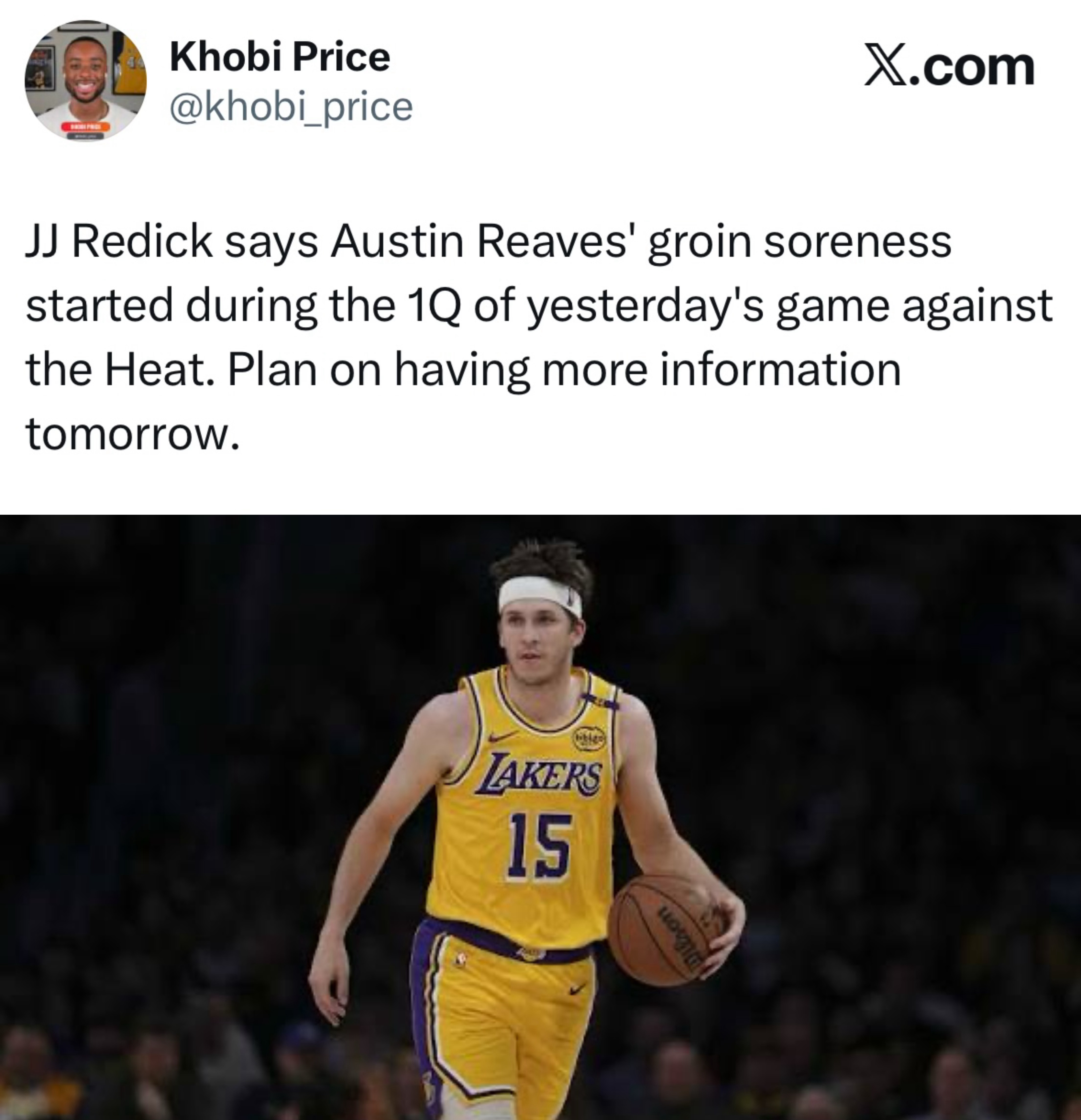 雷迪克表示，里夫斯的腹股沟酸痛始于昨日对阵热火队比赛的第一节，相关后续信息计划于