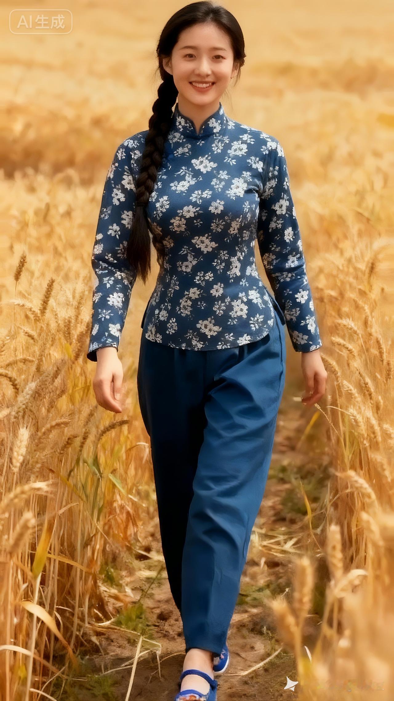 这位女士在田间小路上走着，笑容灿烂。