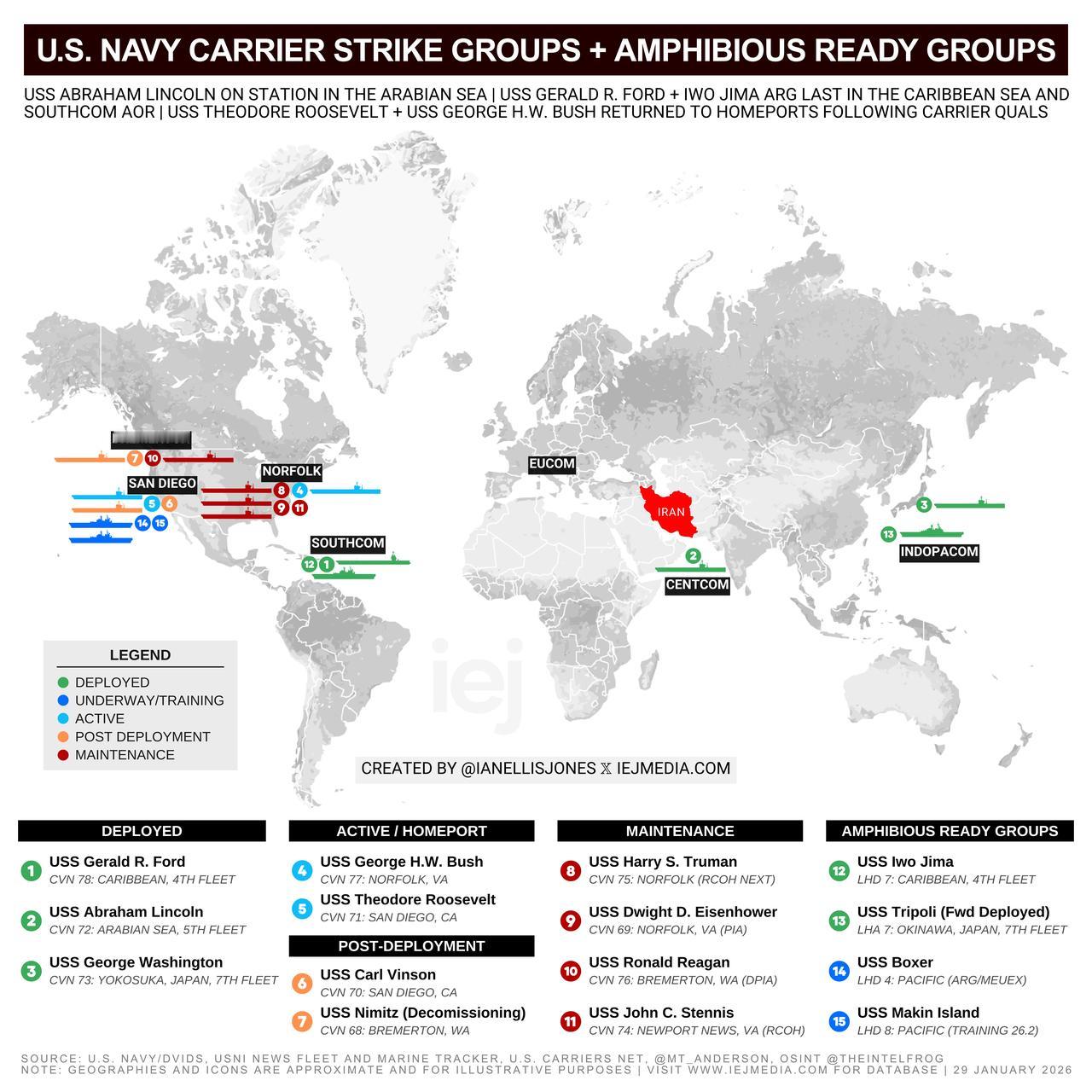 两个航舰打击群部署在伊朗周边