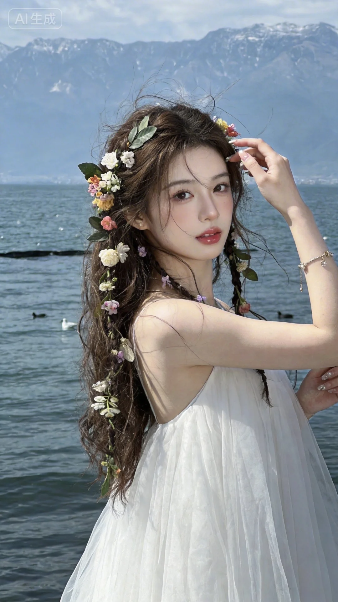 在洱海海边，背景是苍山，超清晰画质，妆造精致，饰品精巧，棕色长发上编织许多鲜花和