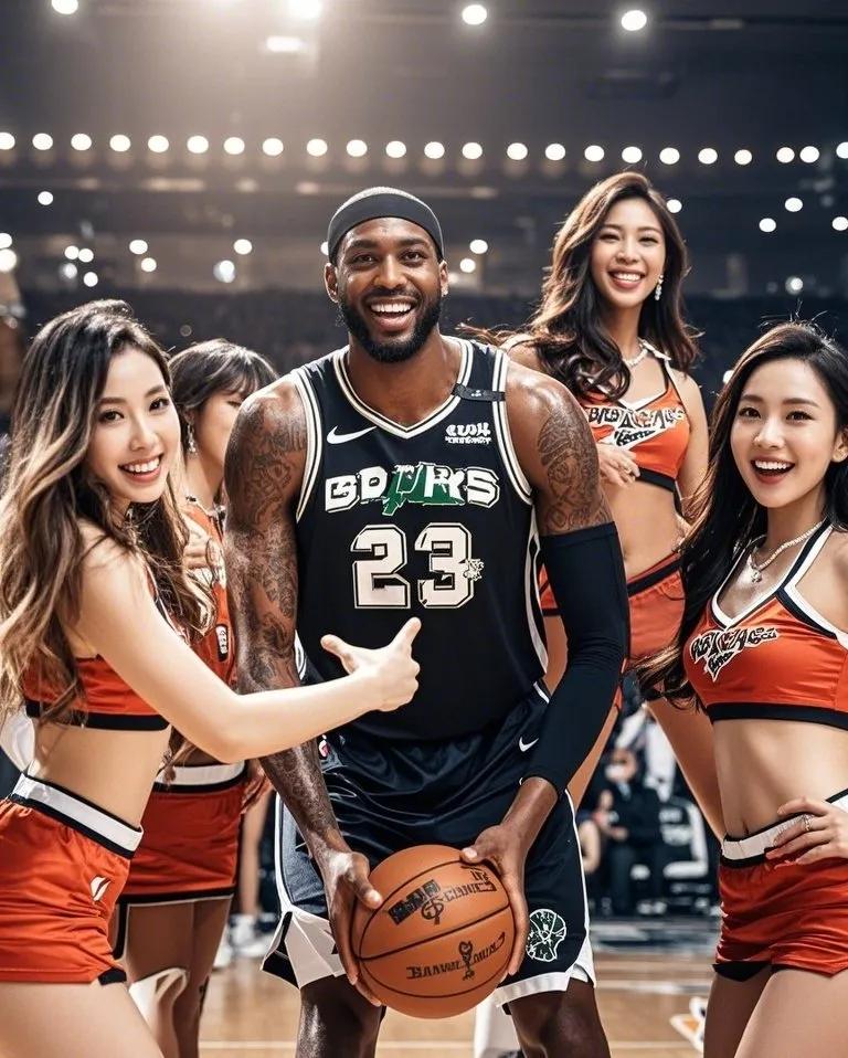 NBA赛场上的黑人球星与篮球宝贝，力量与美的完美结合。