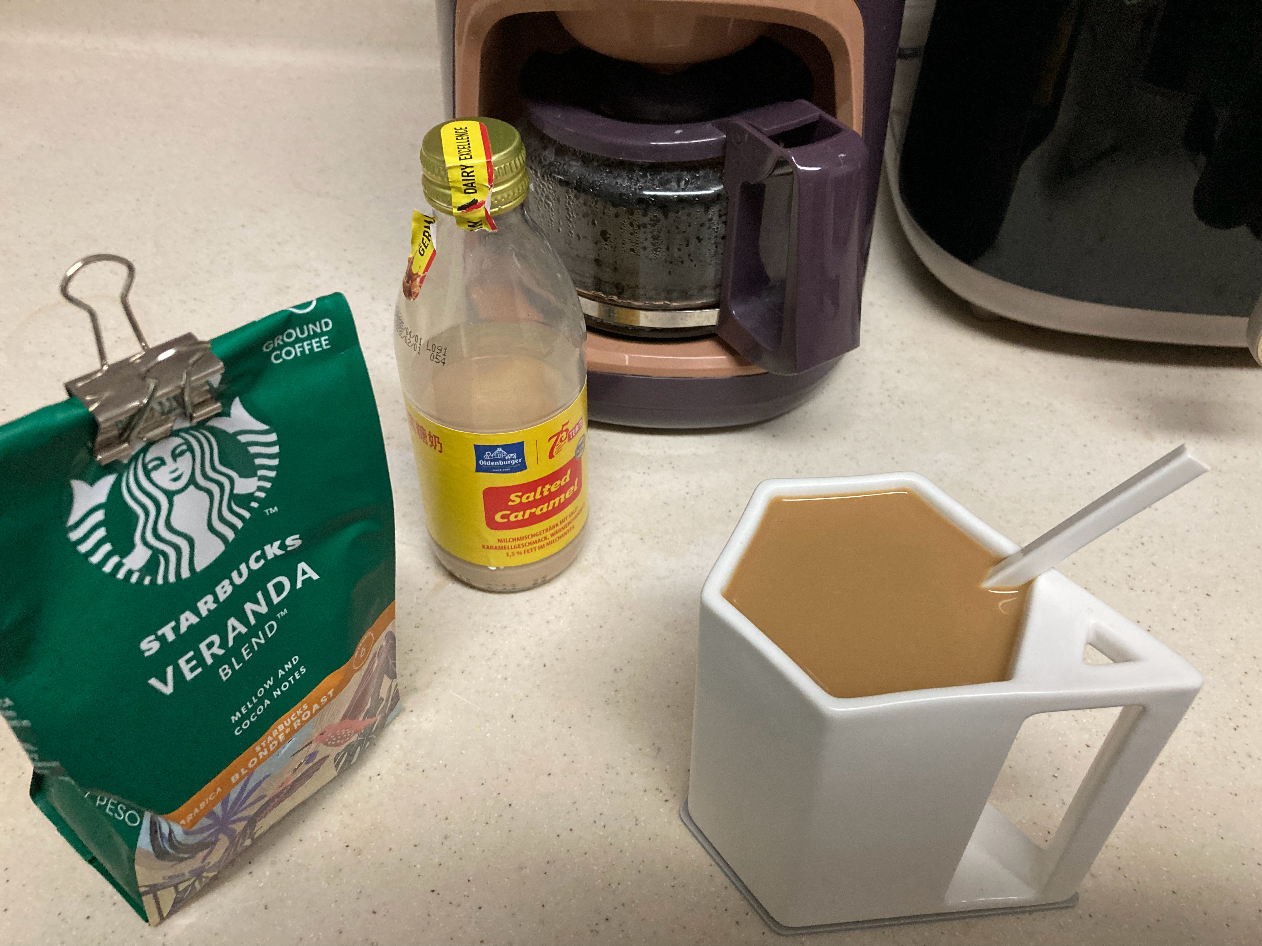 勾兑版焦糖玛奇朵星巴克西班牙黄金烘焙咖啡粉+欧德堡焦糖海盐奶 ​​​