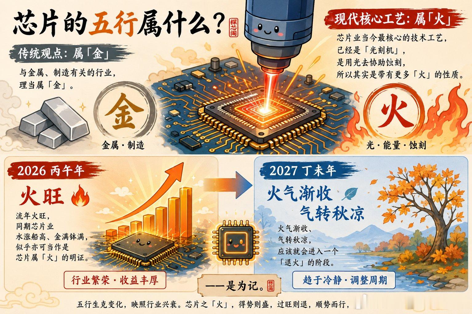芯片的五行属什么？按传统观点，与金属、制造有关的行业，理当属「金」。但是，芯片业