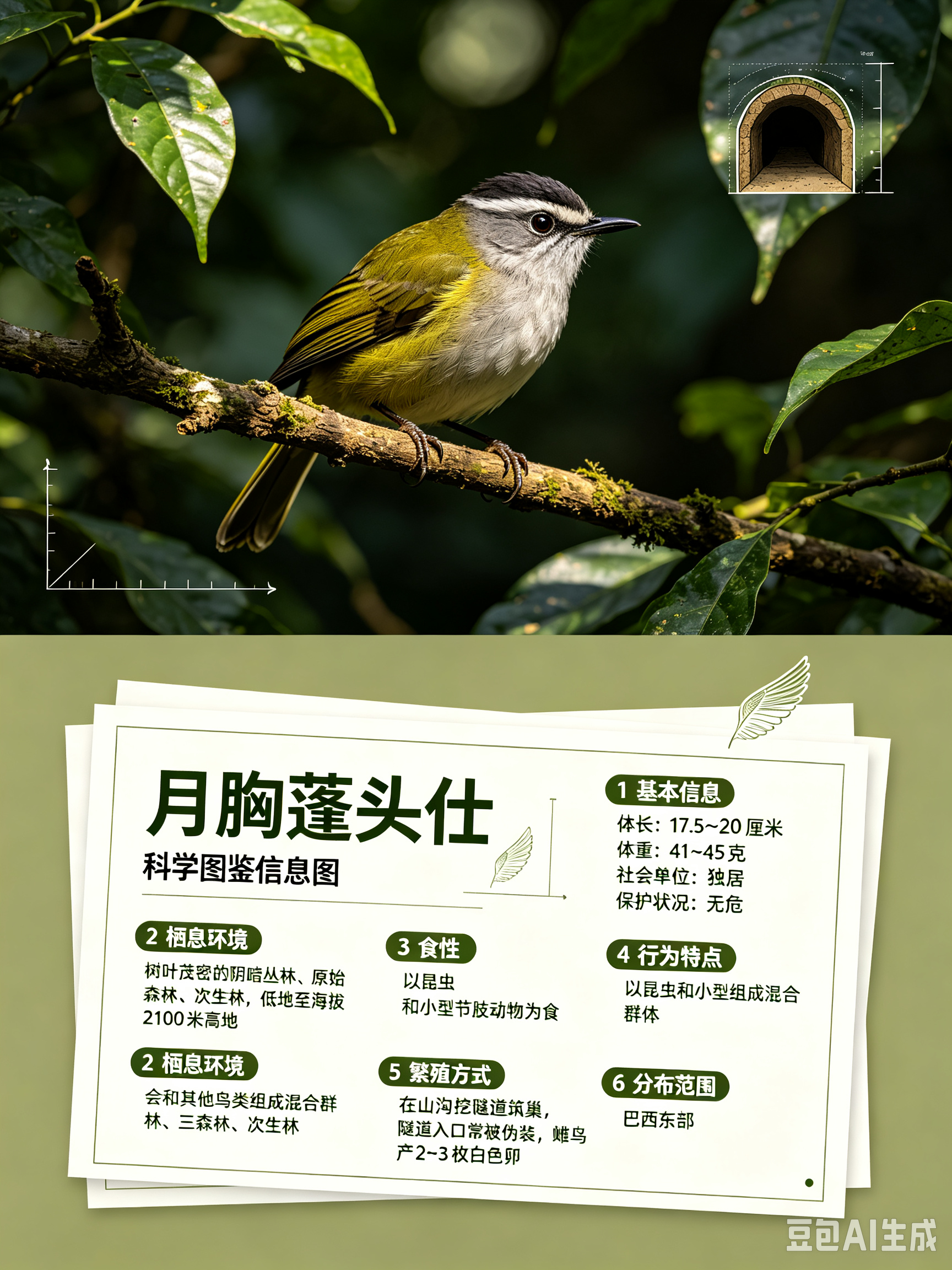 鸟类朋友图鉴 月胸蓬头体长：17.5~20 厘米体重：41~45 克社会单位：独