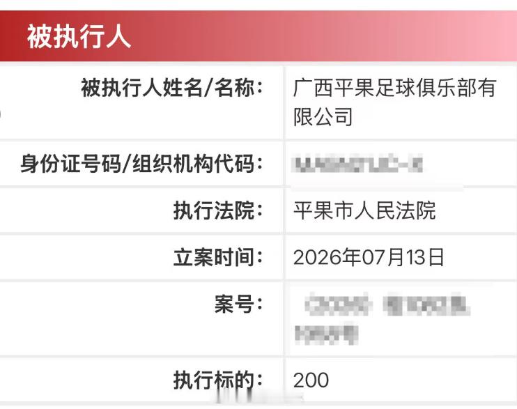 中甲联赛 广西平果新增了一条被执行记录，200元，可能是订生日蛋糕的钱，或者保洁