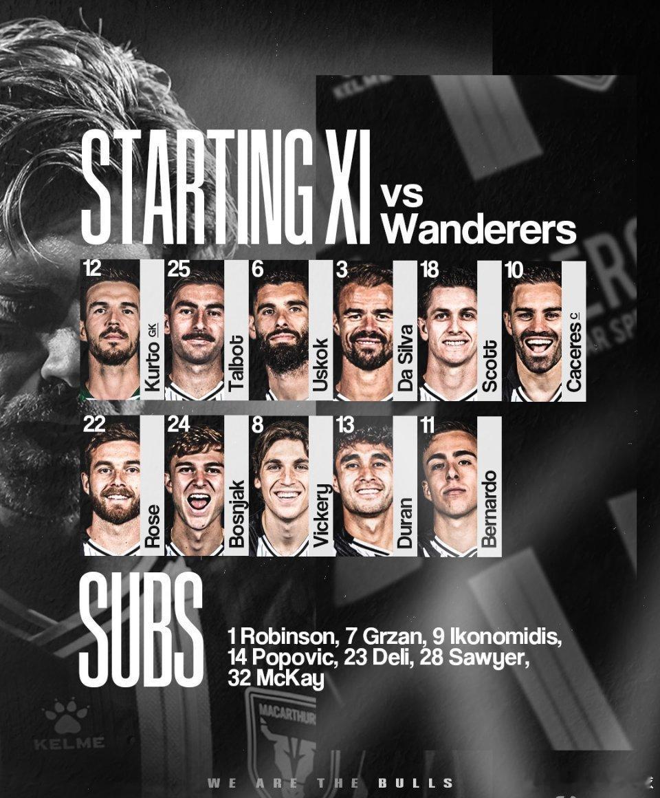 1月1日讯 今日16:00，西悉尼流浪者主场迎战麦克阿瑟FC。赛前，双方首发已经