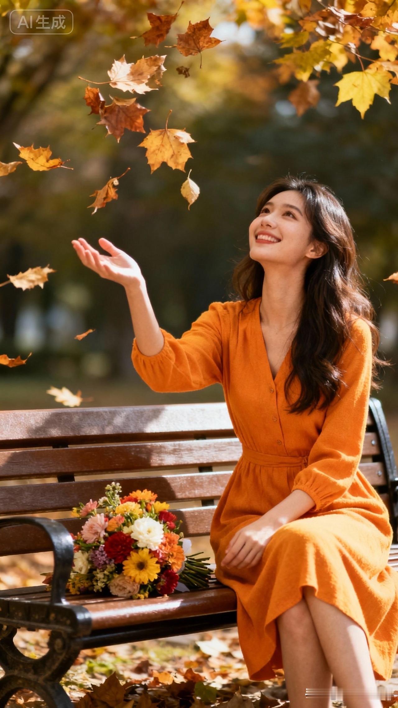 秋日暖阳下，微笑的少女与飘落的枫叶，感受大自然的美好。🍂🌸🌼