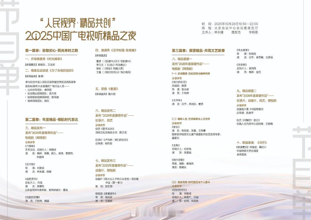 2025中国广电视听精品之夜完整版节目单和参会演员阵容来啦 ​​​