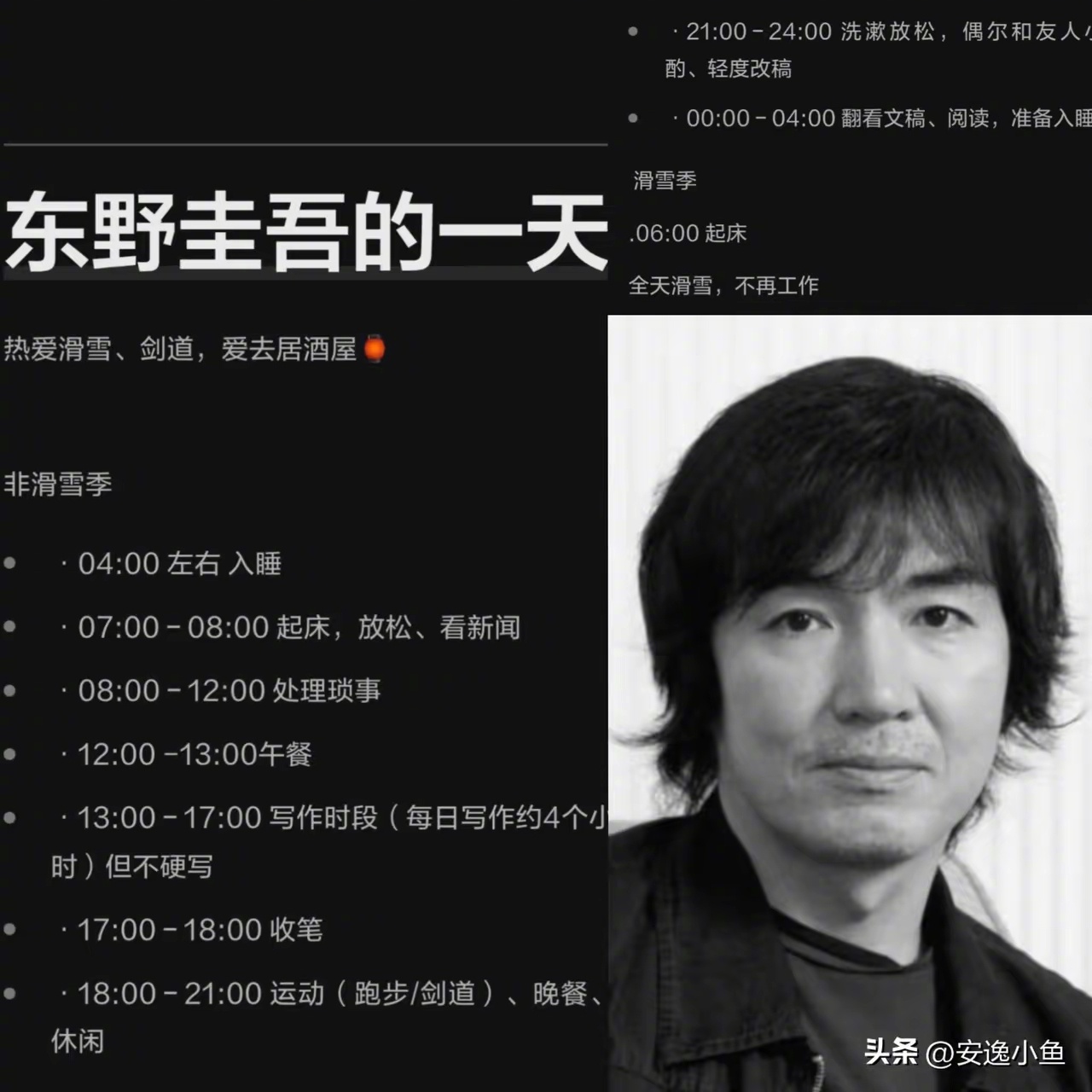 东野圭吾的一天，虽然没有老婆，生活特别规律，但是，每天凌晨4点才睡觉，时间长了，