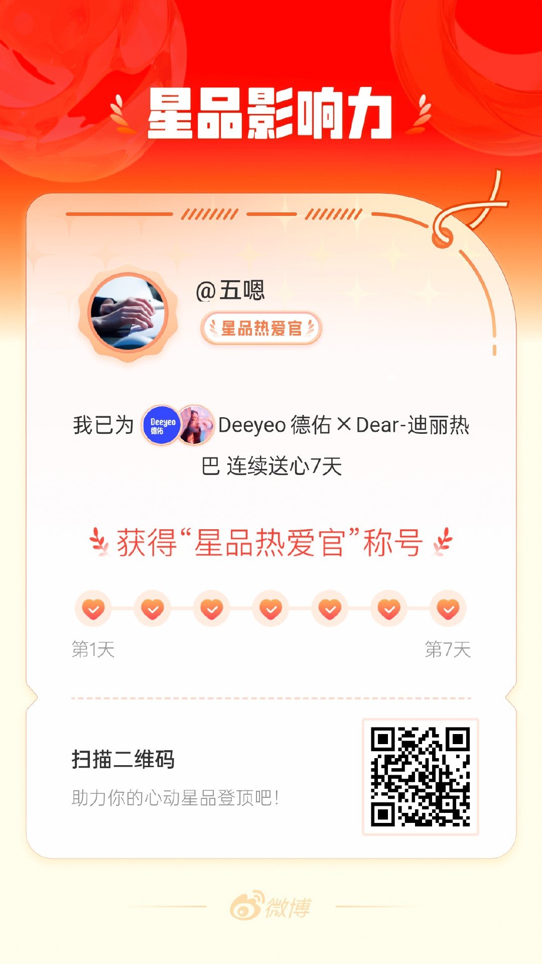 我在星品影响力上为 X 连续送心7天，获得“星品热爱官”称号！快来一起pick你