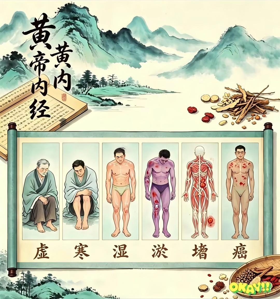 老祖宗早就说透了！
《黄帝内经》讲：万病皆有根源
虚寒→湿重→血瘀→结节增生→癌