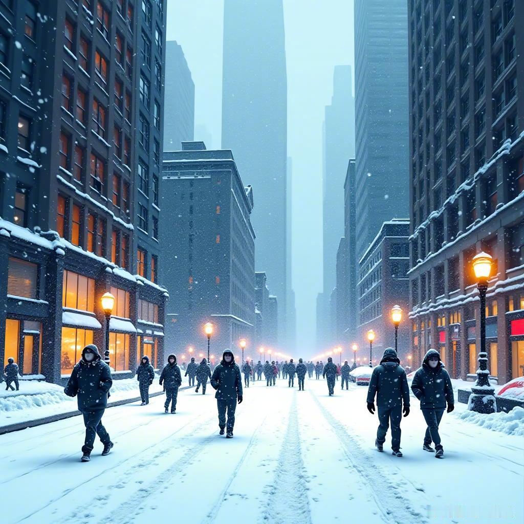 冬天的城市，像是被白雪装点的童话！❄️✨街道上行人穿着冬衣，寒风中呼出的白雾，真