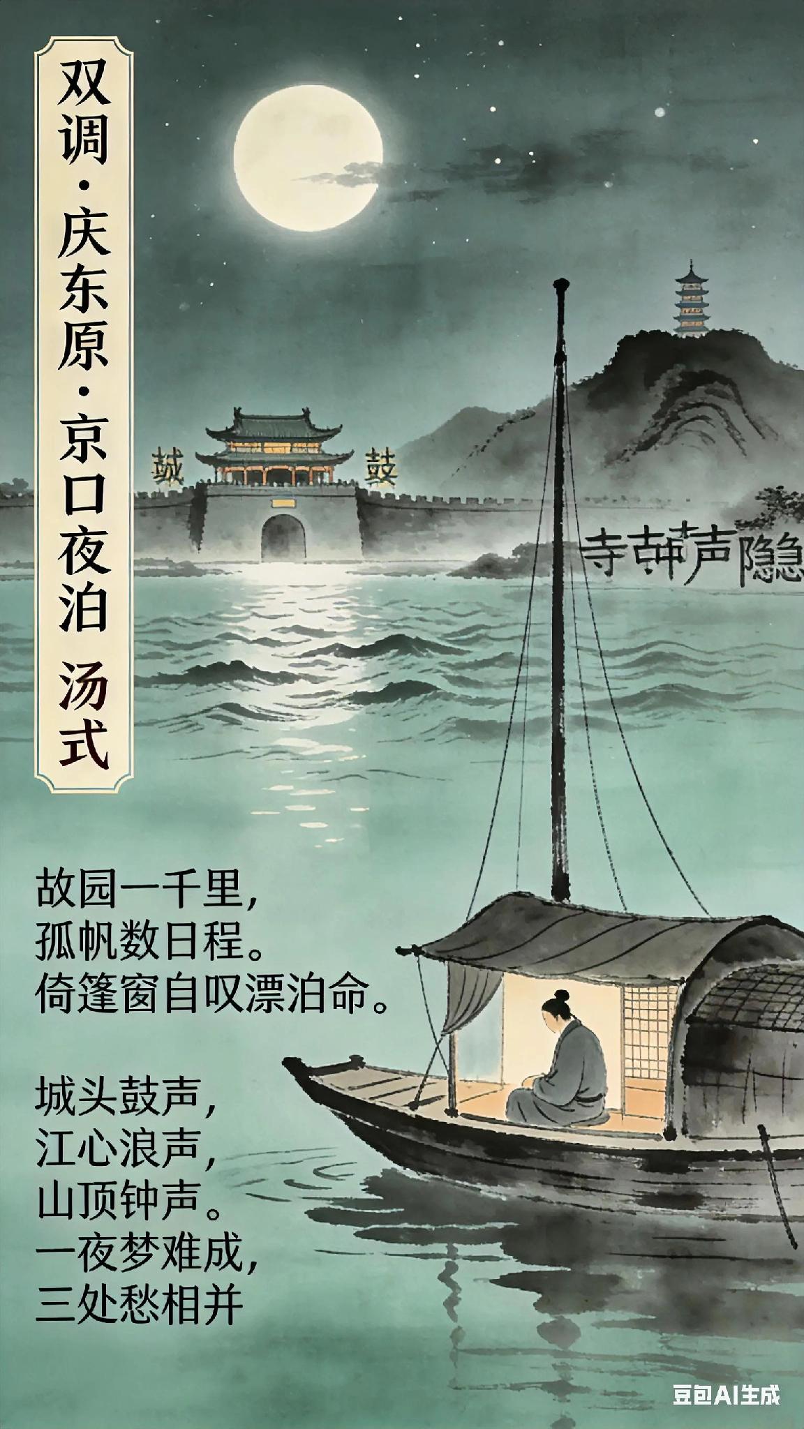 《双调》庆东原京口夜泊、汤式。
故园一千里，
孤帆数日程。
倚篷窗自叹漂泊命。