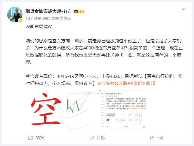 黄金布局4018位置空单，最低给到了4008呈现100点利润。无论这波操作大家是