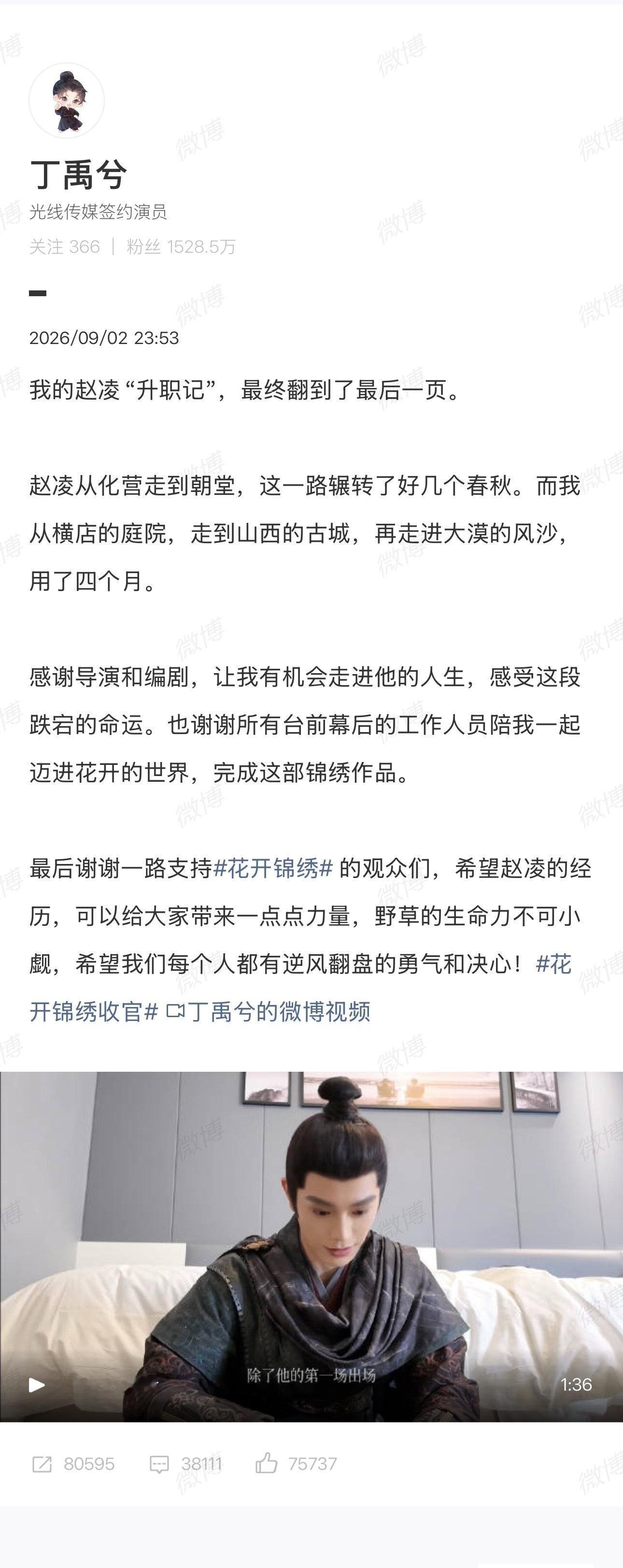 丁禹兮的赵凌升职记翻到了最后一页丁禹兮收官快乐🎉谁能懂他对待每一个角色都如此用