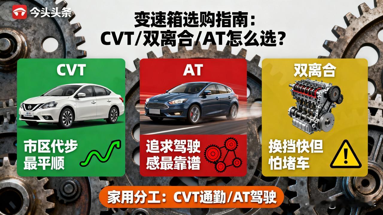 CVT、双离合、AT怎么选？

市区代步CVT最平顺，追求驾驶感AT最靠谱，双离