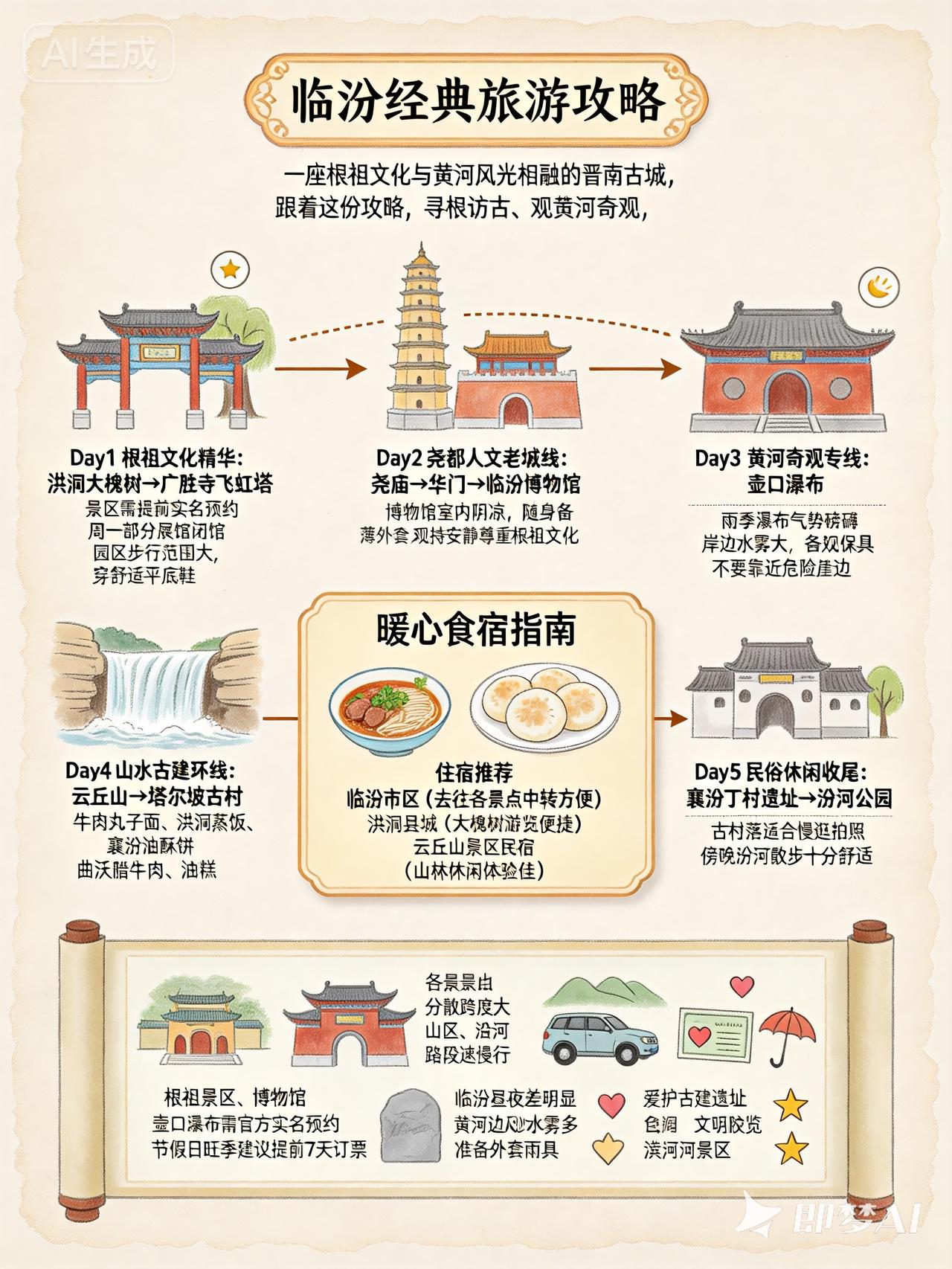 临汾经典旅游攻略信息图：

Day1 根祖文化精华：洪洞大槐树→广胜寺飞虹塔，配