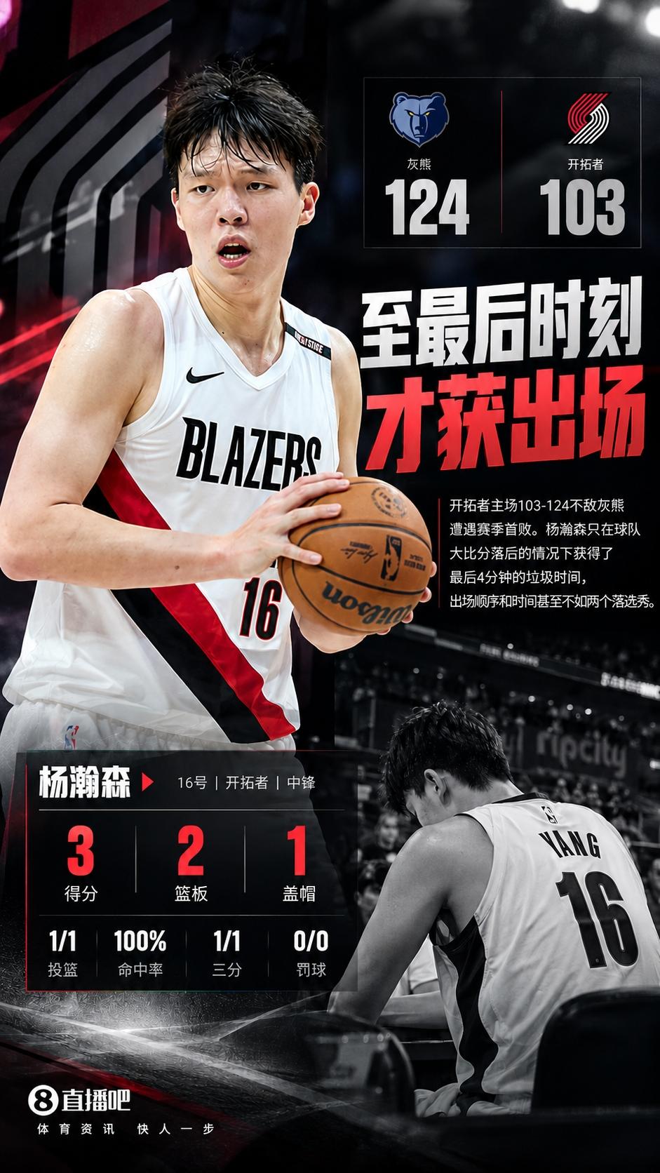 杨瀚森今天垃圾时间上场打了三分钟，投进了个三分球，拿下三分两板一帽，外界反馈上场