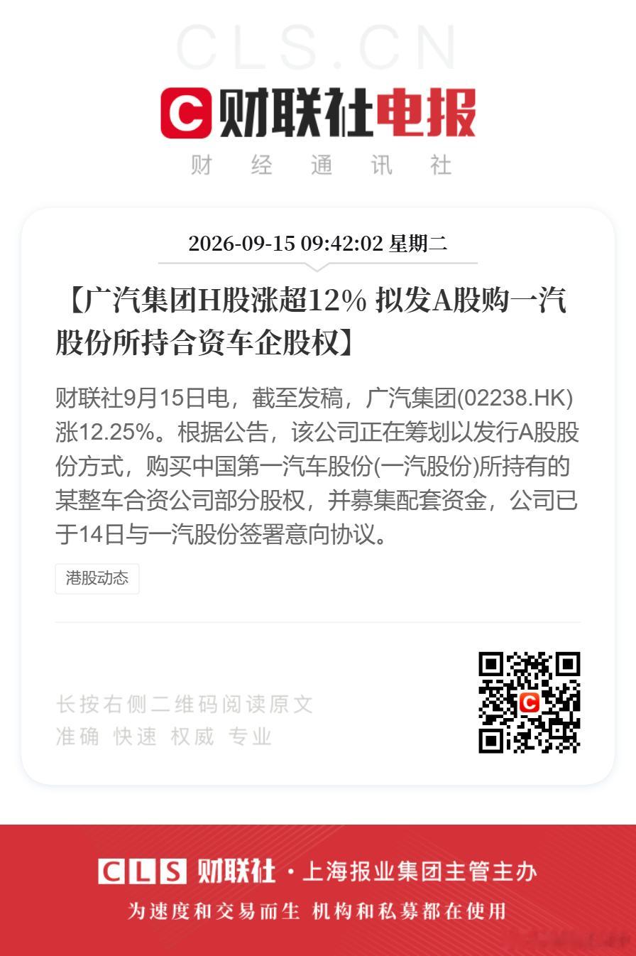 【广汽集团H股涨超12% 拟发A股购一汽股份所持合资车企股权】财联社9月15日电