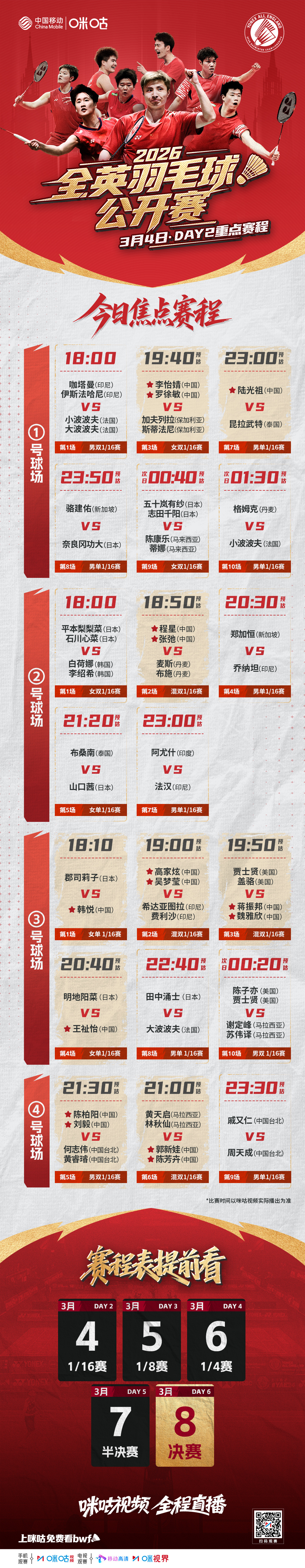 #2026全英羽毛球公开赛# Day2️⃣焦点🥁今日18:00准时开打！👀2