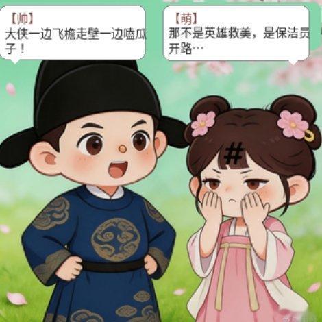 遇见艺术新城事唐小帅和唐小萌 书院凉亭里，唐小帅站在石凳上手舞足蹈，唐小萌托腮坐