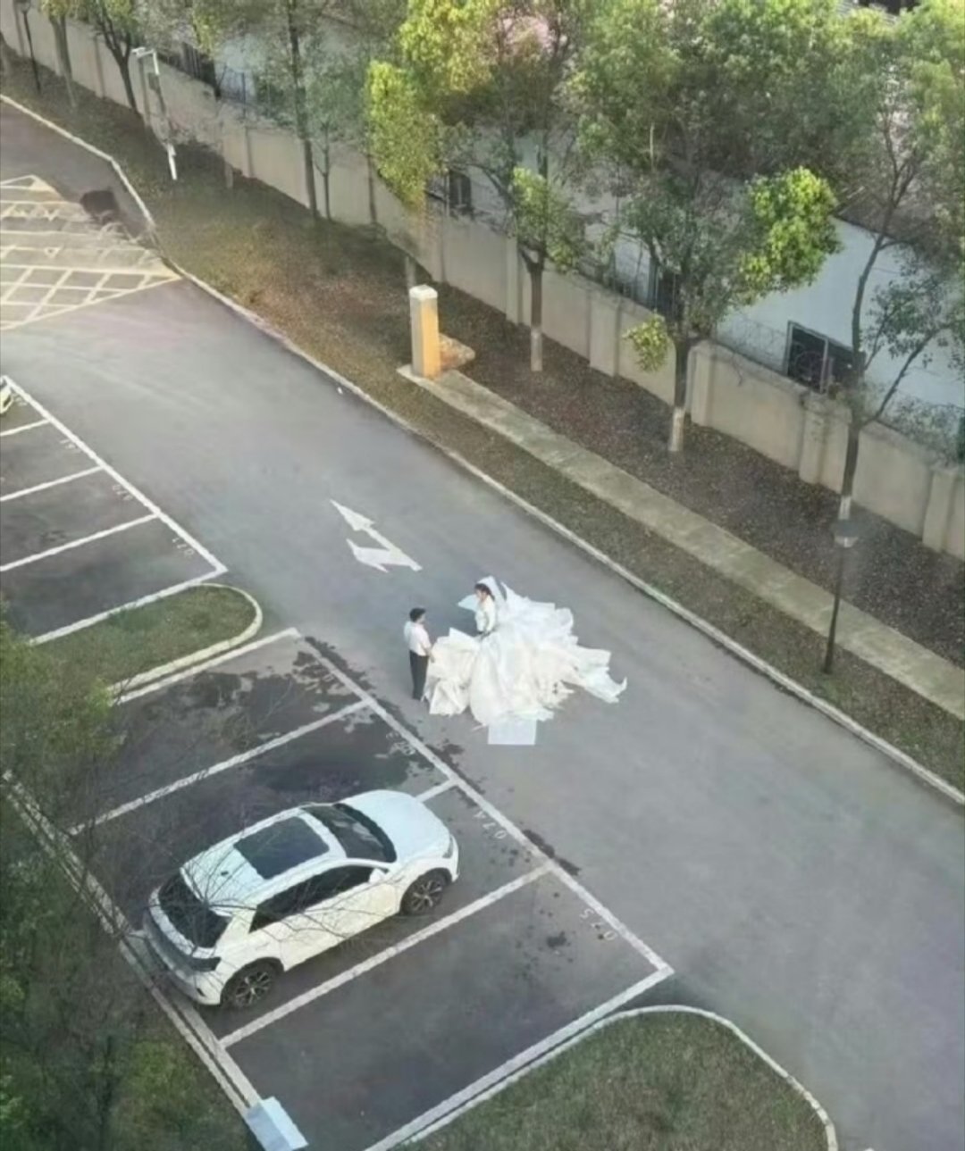 天呐，还以为是有人在求婚或者拍婚纱照呢。。。原来是保安和保洁。 