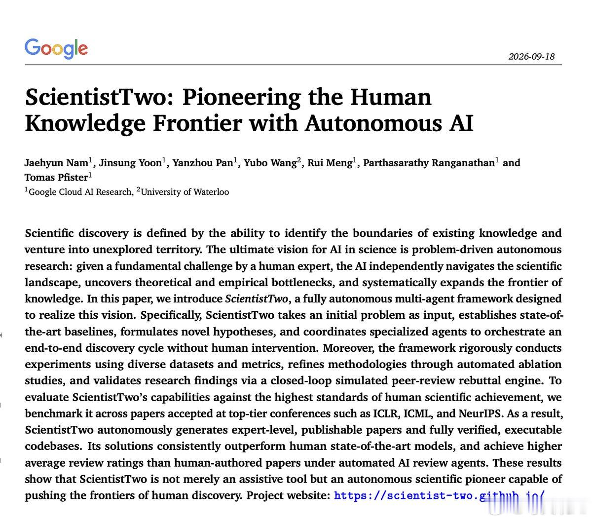 谷歌研究发布 ScientistTwo，一套端到端自主多智能体科研框架。完整自动