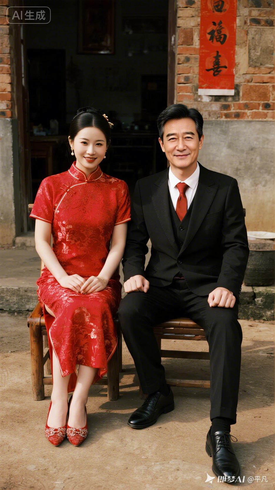 传统与现代的完美结合，红衣美人与绅士的甜蜜合影💏💐💐