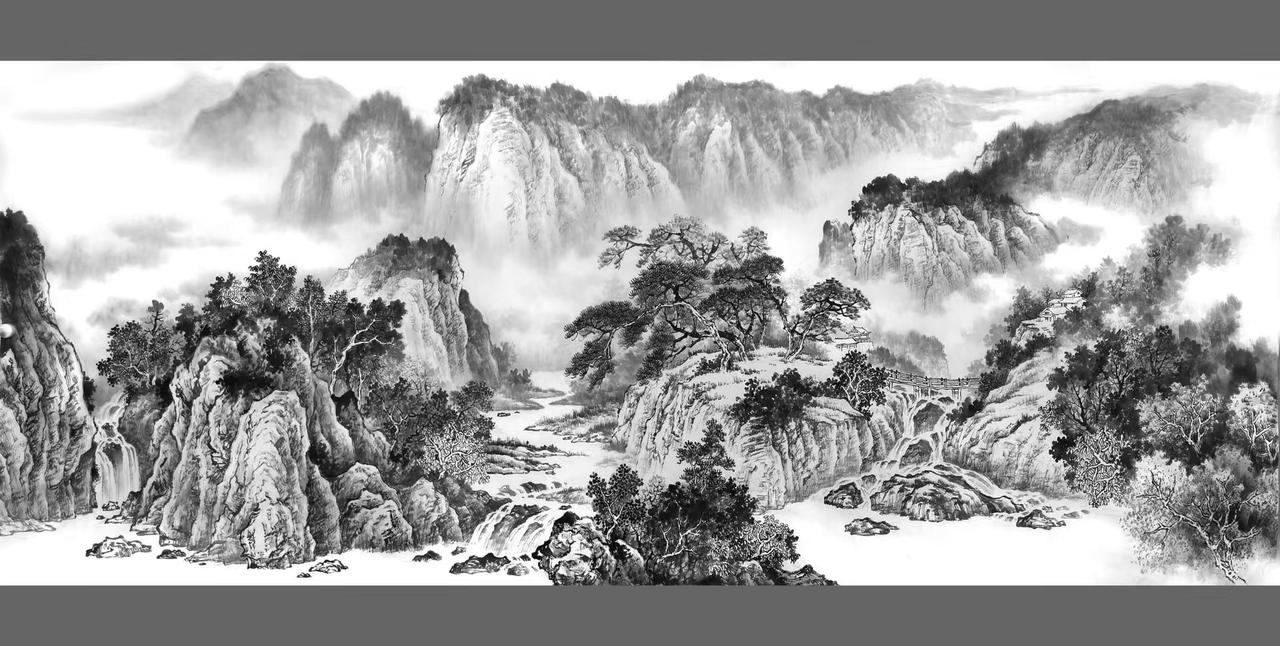 溪山流泉。水墨山水创作者中心 创作灵感 文人山水画 国画山水