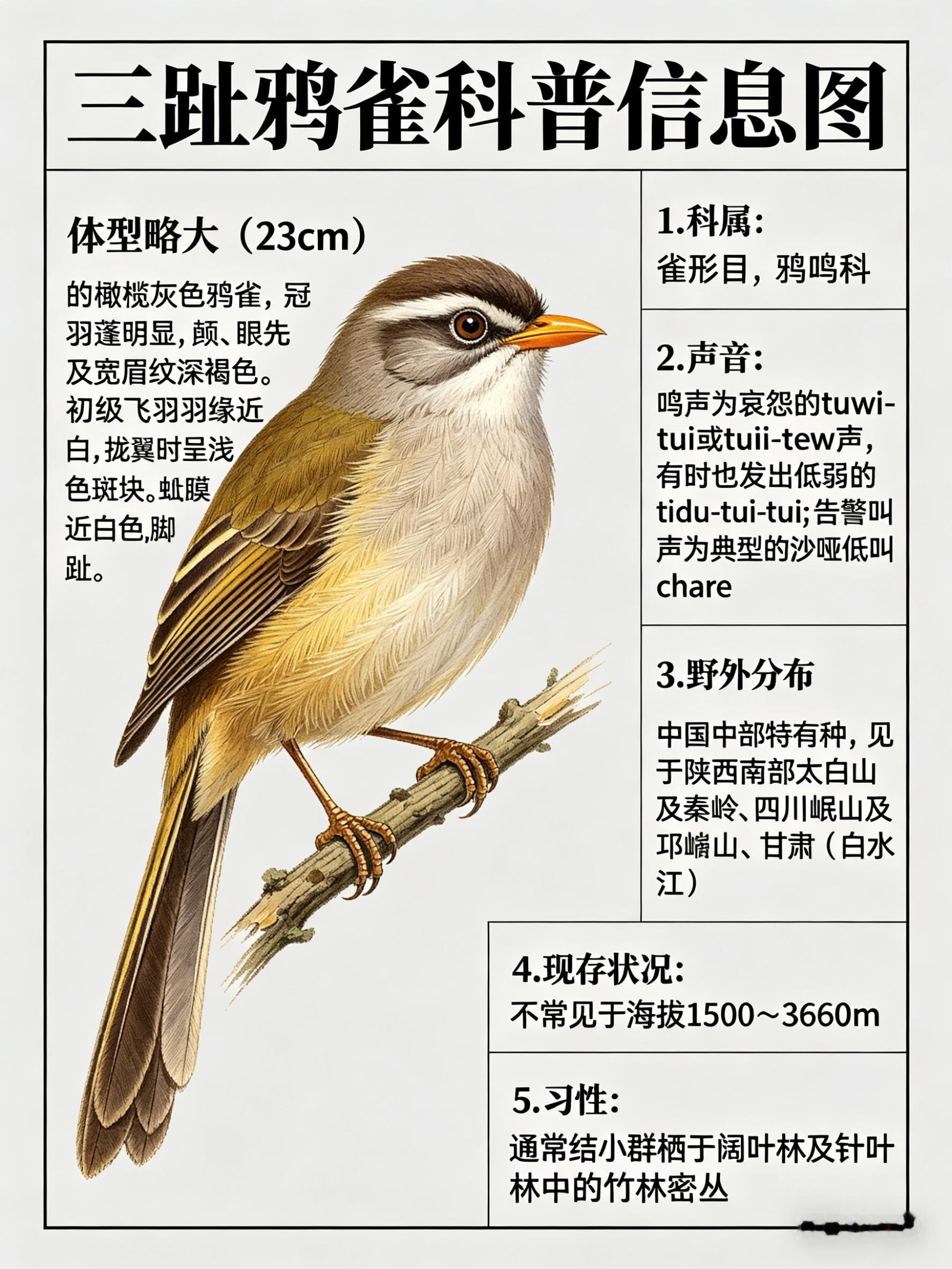 鸟类朋友图鉴 三趾鸦雀·科属：雀形目，鸦雀科。·外形特征：体型略大（23cm）的