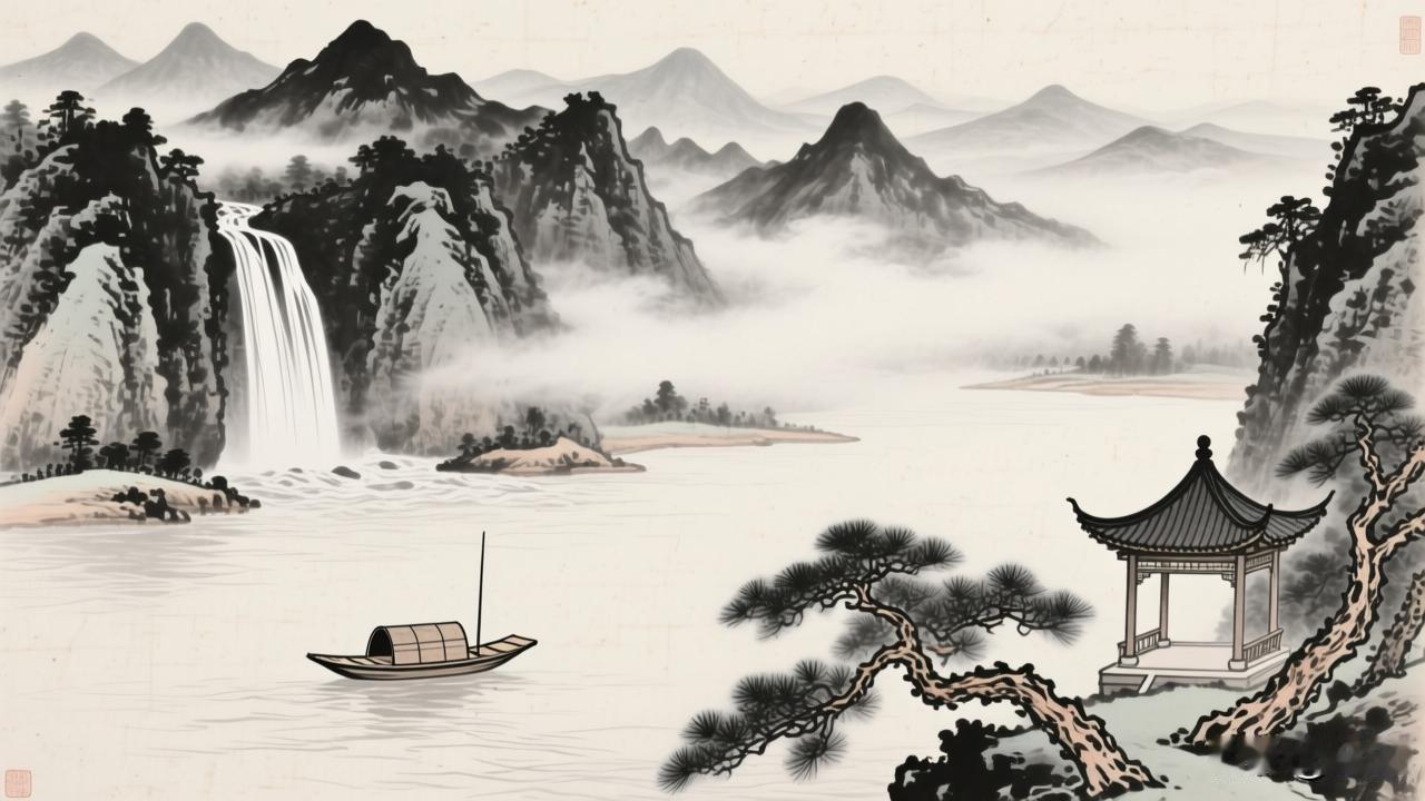 云山雾瀑小舟，松亭水墨意境