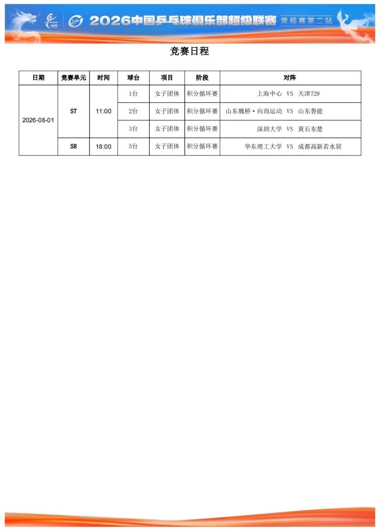 乒超8月1日女团赛程 