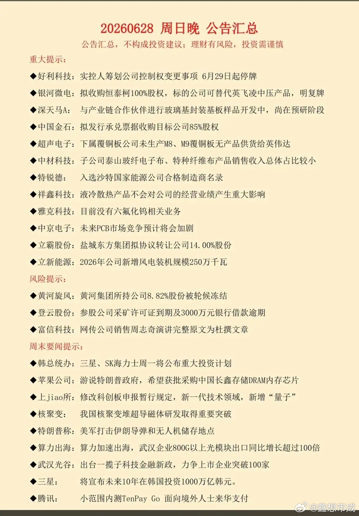 6.28周日  晚间：财经热点+公司公告！27家公司发布公告。大科技方向，利好消