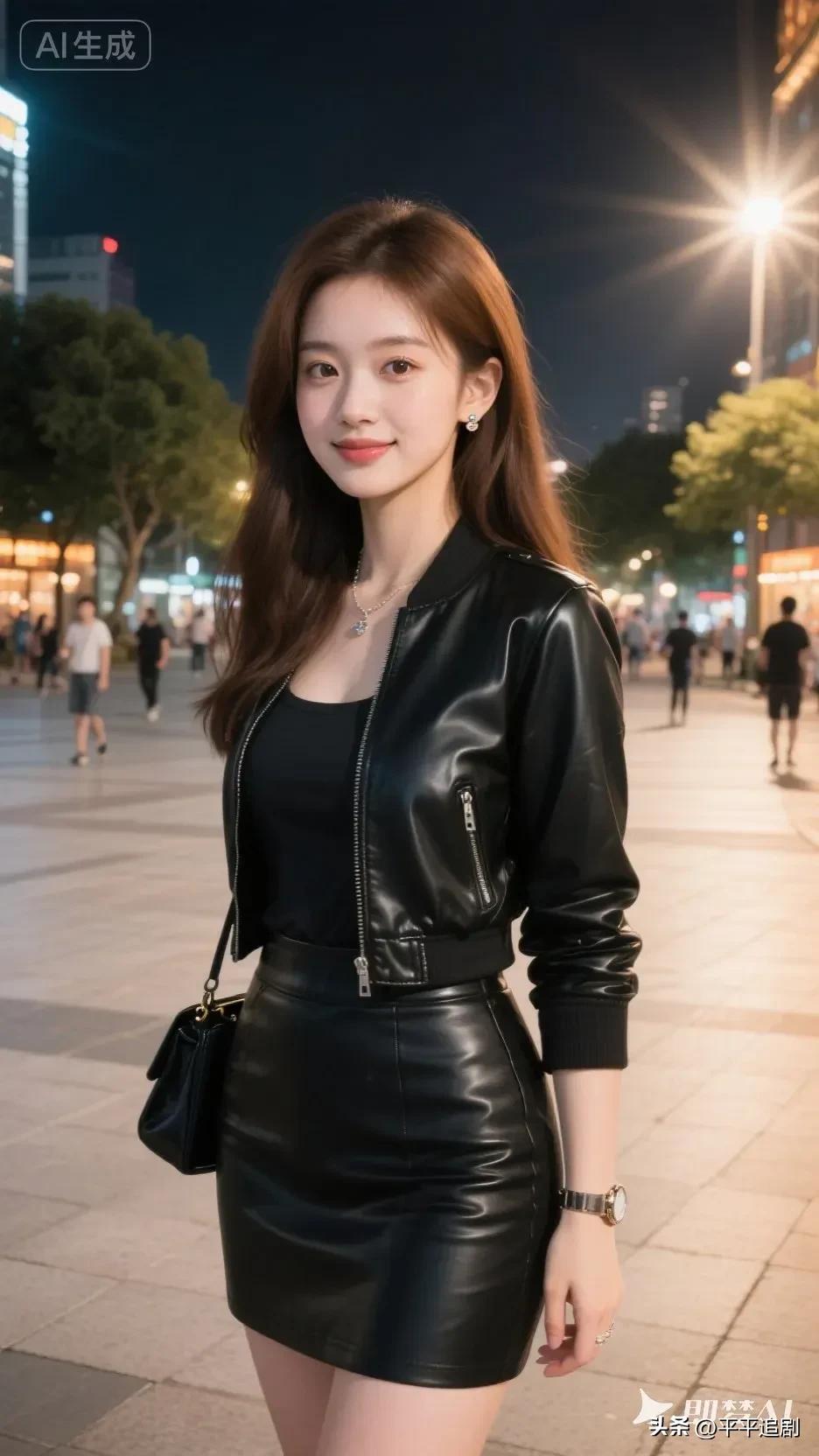 成熟稳重的美女你喜欢吗?
夜色为幕，街灯作伴，一身酷飒黑皮衣套装勾勒出利落线条，