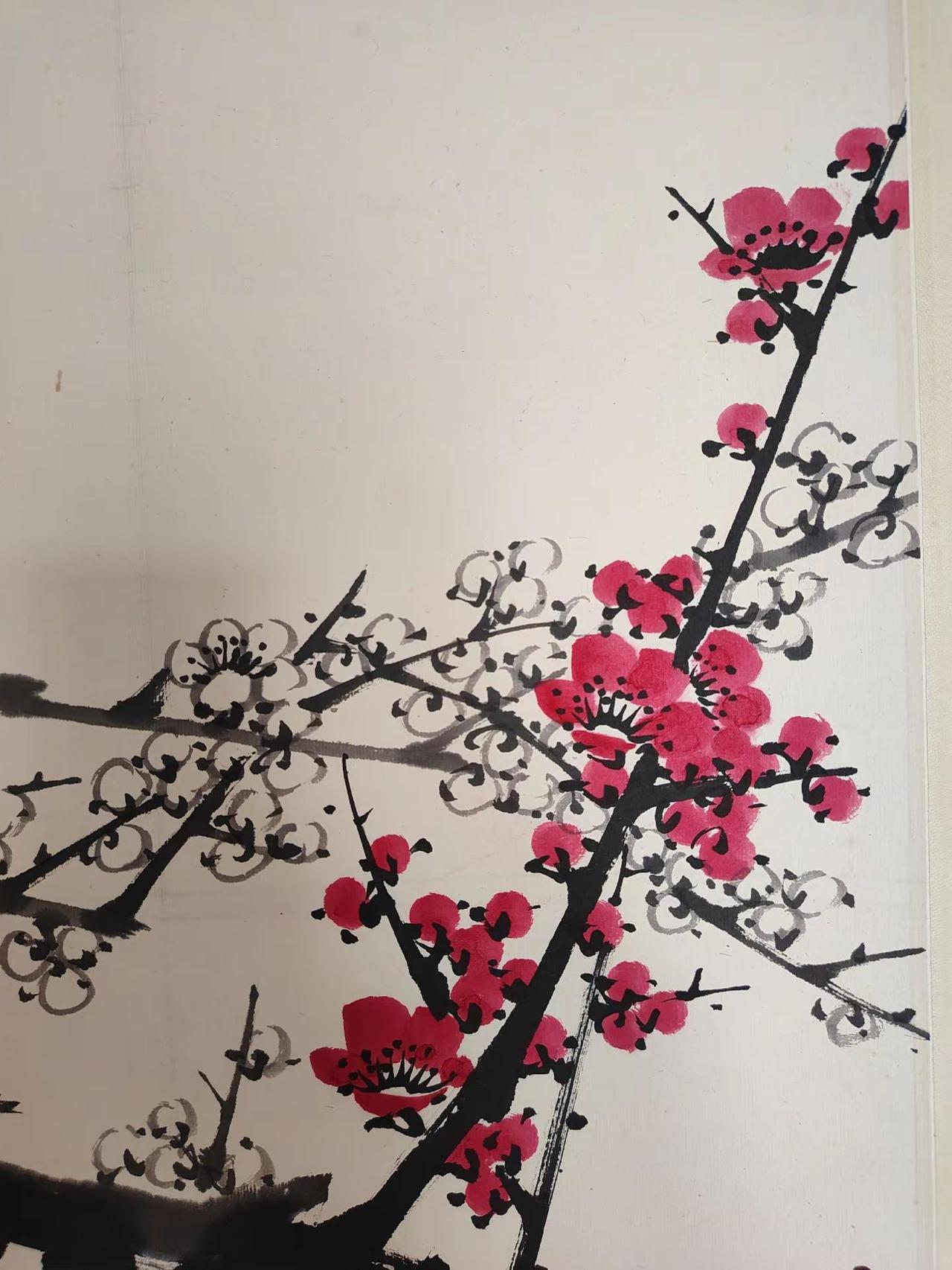 安徽画家王少云精品水墨设色梅花中堂《双梅图》，画芯尺寸135×68cm，立轴尺寸