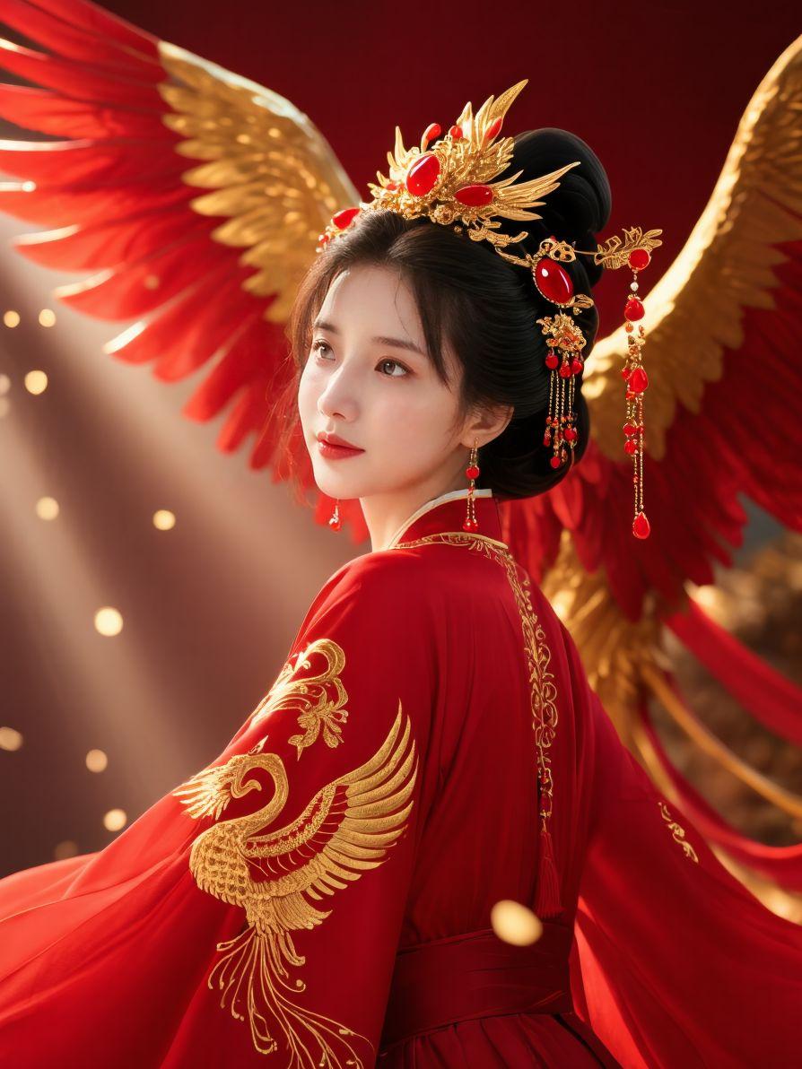 红衣灼灼，金凤凌云。
华冠缀满赤玉，流苏轻摇，青丝高挽尽显风华。一身艳红华裳，金